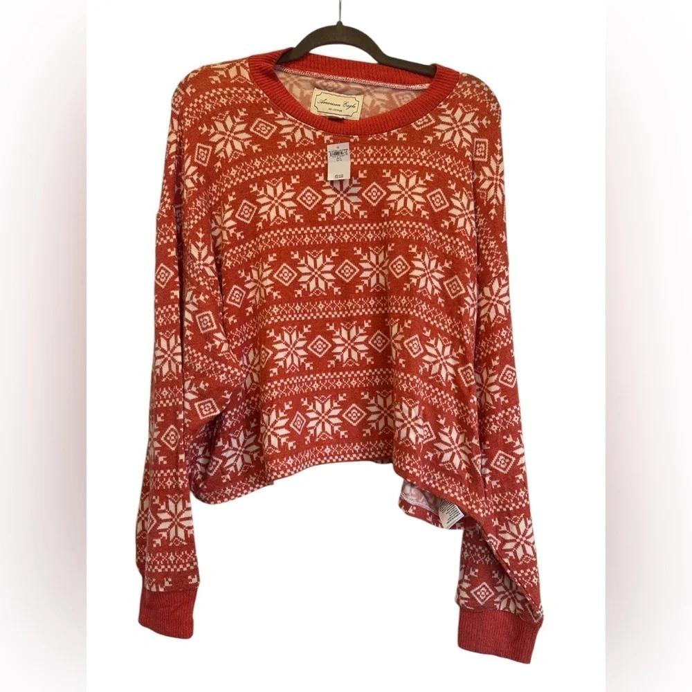 American Eagle Red Coral Snowflake Cropped Lounge Top Long Sleeve Holiday XL NWT